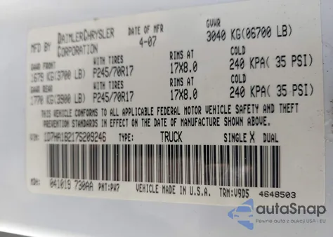 2007 Dodge Ram 1500 Slt из США, поврежденный, VIN 1D7HA18217S209246